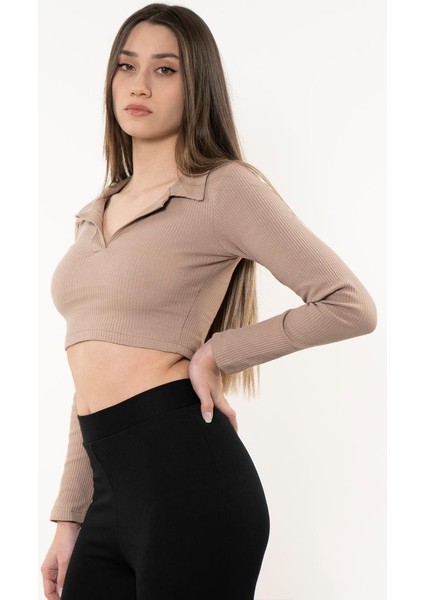 Kadın Kahverengi Polo Yaka Fitilli Örme Crop Bluz