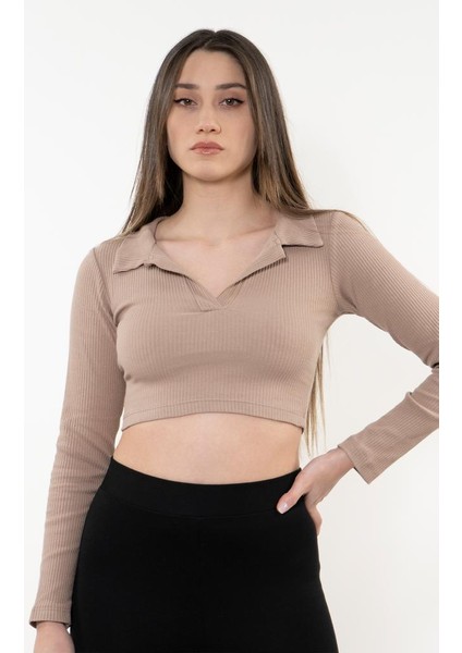 Kadın Kahverengi Polo Yaka Fitilli Örme Crop Bluz fiyatları