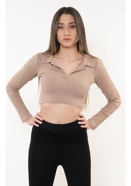 Kadın Kahverengi Polo Yaka Fitilli Örme Crop Bluz modelleri