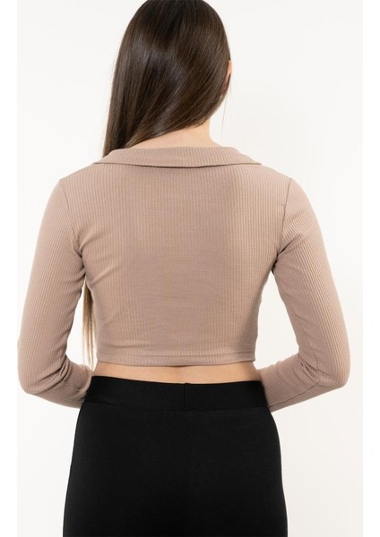 Kadın Kahverengi Polo Yaka Fitilli Örme Crop Bluz fırsatları