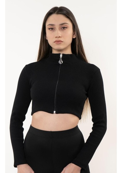 Kadın Siyah Fermuarlı Balıkçı Yaka Örme Crop Bluz modelleri