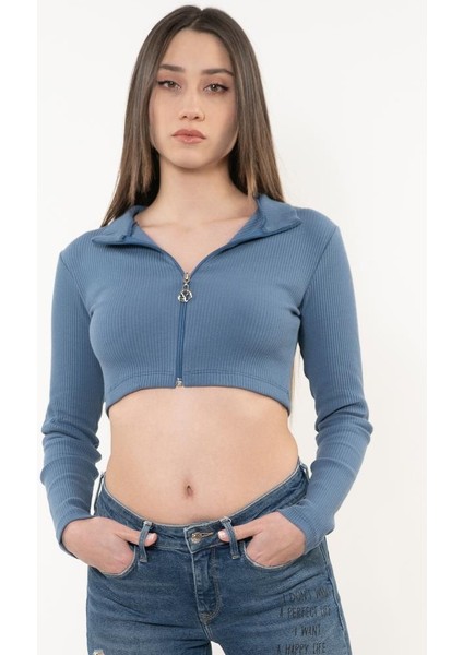 Kadın Mavi Fermuarlı Balıkçı Yaka Örme Crop Bluz fiyatları
