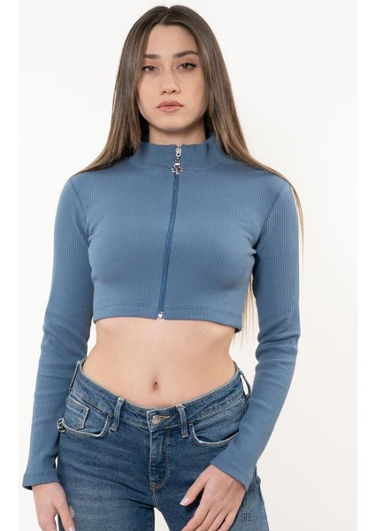 Kadın Mavi Fermuarlı Balıkçı Yaka Örme Crop Bluz modelleri