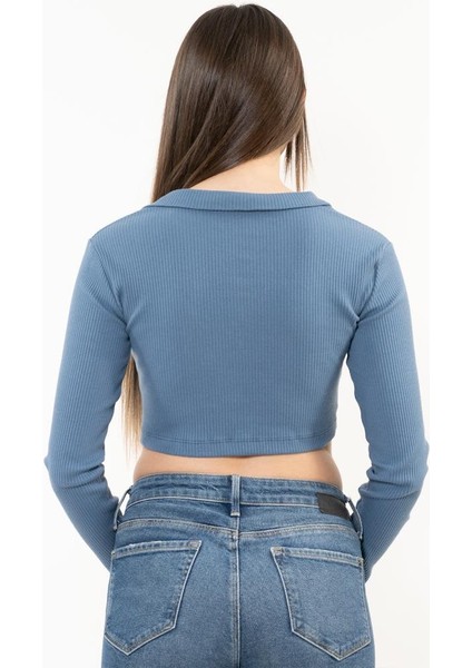 Kadın Mavi Fermuarlı Balıkçı Yaka Örme Crop Bluz fırsatları