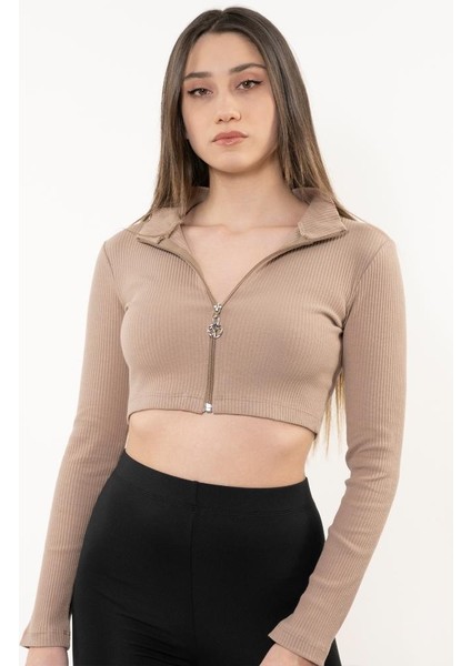 Kadın Kahverengi Fermuarlı Balıkçı Yaka Örme Crop Bluz