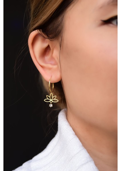 925 Ayar Gümüş Gold Kaplama Tek Taş Lotus Halka Küpe