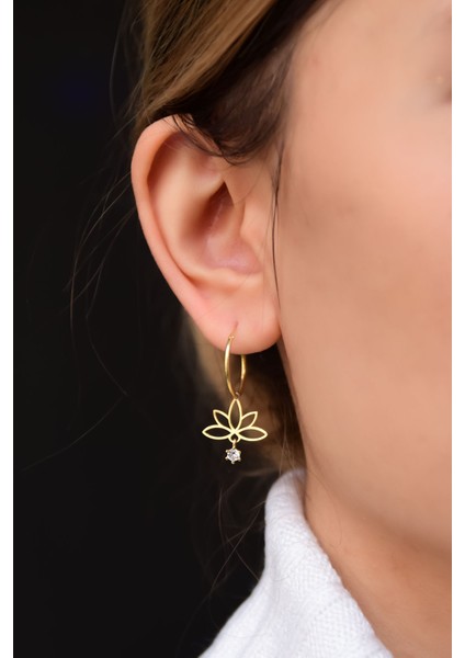 925 Ayar Gümüş Gold Kaplama Tek Taş Lotus Halka Küpe