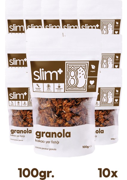 10 Paket Kakao Yer Fıstığı Glutensiz Ilave Şekersiz Vegan Granola 100gr