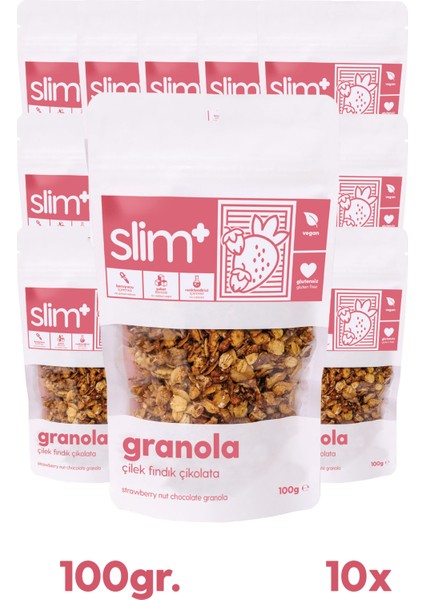 10 Paket Çikolata Çilek Fındık Glutensiz Ilave Şekersiz Vegan Granola 100gr