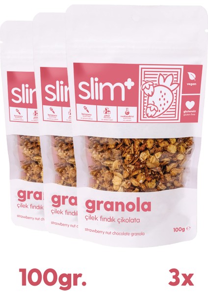 3 Paket Çikolata Çilek Fındık Glutensiz Ilave Şekersiz Vegan Granola 100gr