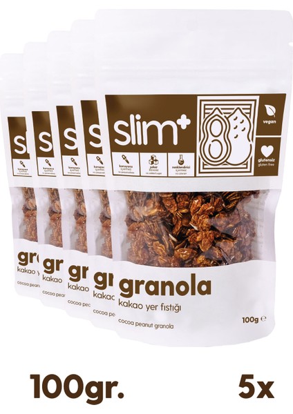 5 Paket Kakao Yer Fıstığı Glutensiz Ilave Şekersiz Vegan Granola 100gr