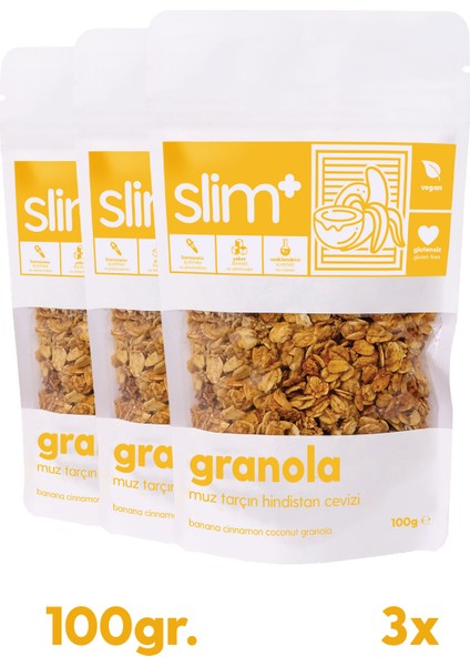 3 Paket Muz Tarçın Hindistan Cevizi Glutensiz Ilave Şekersiz Vegan Granola 100gr