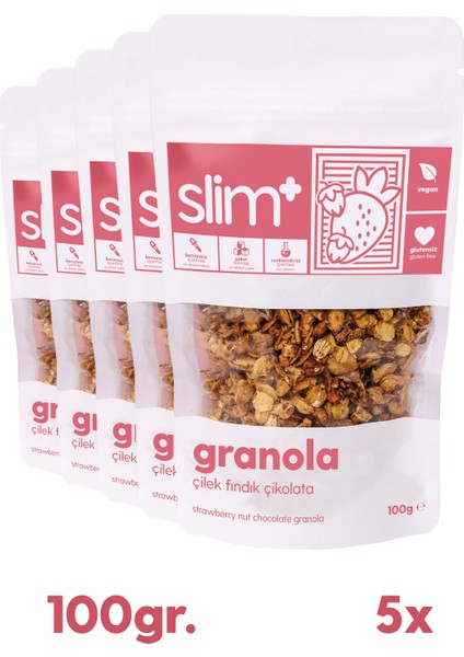 5 Paket Çikolata Çilek Fındık Glutensiz Ilave Şekersiz Vegan Granola 100gr