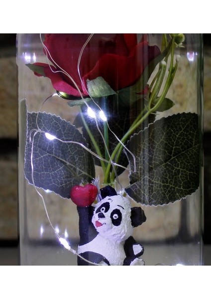 Gül Altında Kalp Tutan Panda Tasarımlı Işıklı Fanus (Kırmızı) fiyatları