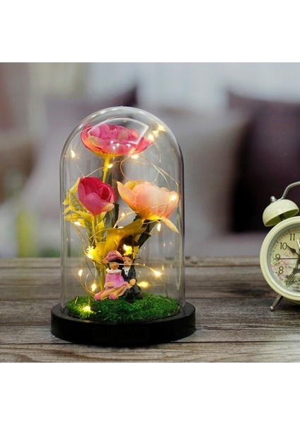 Şakayık Çiçeği Altında Oturan Romantik Çift Tasarımlı Işıklı Fanus (Pembe)