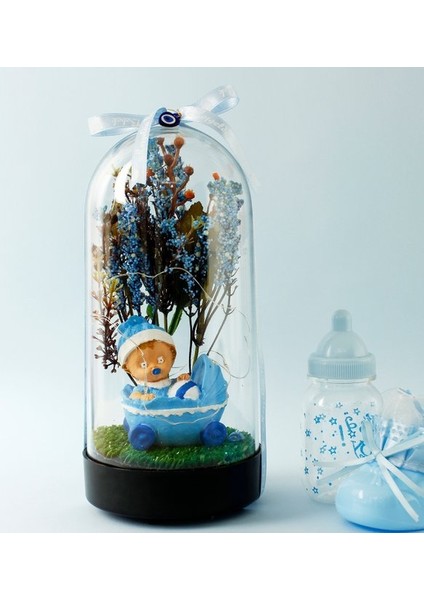 Çiçek Altında Yeni Doğan Bebek Tasarımlı Işıklı Fanus (Mavi) fiyatları