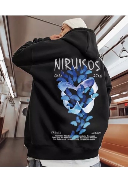 Büyük Beden Kapüşonlu Nıuısos Sırt Baskılı Oversize Yeni Stil Erkek Sweatshirt