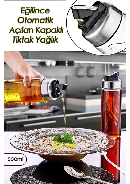 Damlatmaz Tiktak Kapaklı Cam Yağlık 500 ml Yağdanlık (Eğince Otomatik Açılan Kapaklı Yağlık)