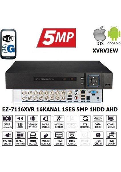EZ-7116XVR 16CH 5MP Koaksiyel Ses XVRView Kayıt Cihazı
