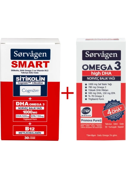 Smart Sitikolin, Dha Omega 3, B12 (30 Kapsül) + Sorvagen Omega 3 Hıgh Dha Norveç Balık Yağı