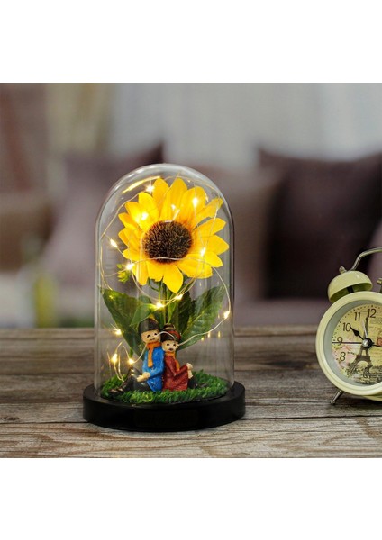 Ayçiçeği Altında Oturan Romantik Çift Tasarımlı Işıklı Fanus (Sarı)