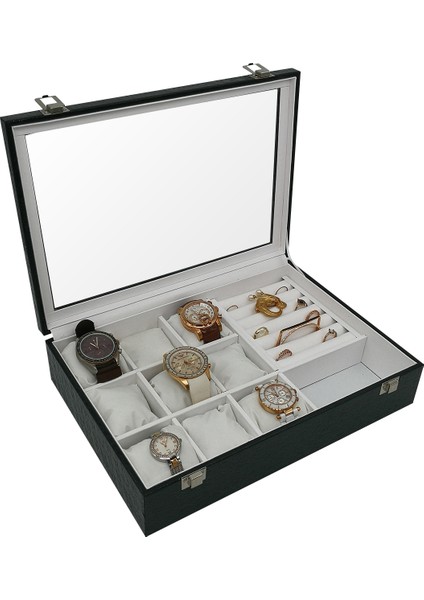Saat ve Yüzük Kutusu 9+Takı Siyah Rugan Içi Beyaz