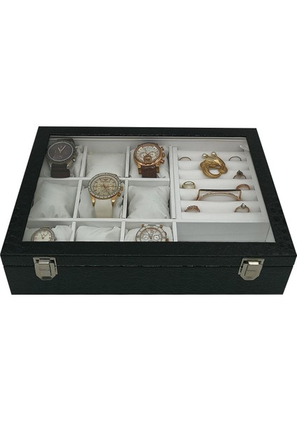 Saat ve Yüzük Kutusu 9+Takı Siyah Rugan Içi Beyaz modelleri