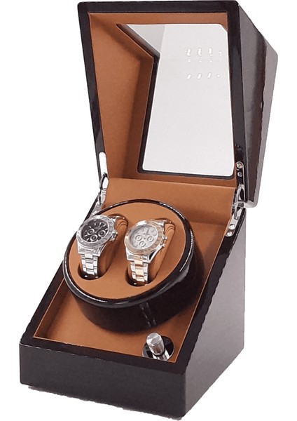 Otomatik Saat Kurma Kutusu (Winder) Piano Brown 2+0 Kahve Içi Taba LED Işık Sistemli