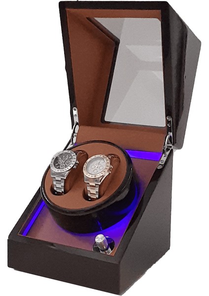Otomatik Saat Kurma Kutusu (Winder) Piano Brown 2+0 Kahve Içi Taba LED Işık Sistemli