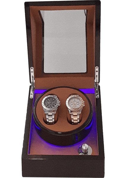 Otomatik Saat Kurma Kutusu (Winder) Piano Brown 2+0 Kahve Içi Taba LED Işık Sistemli
