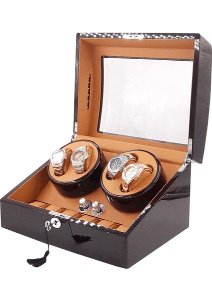 Otomatik Saat Kurma Kutusu (Winder) Piano Brown 4+6 Kahve Içi Taba LED Işık Sistemli