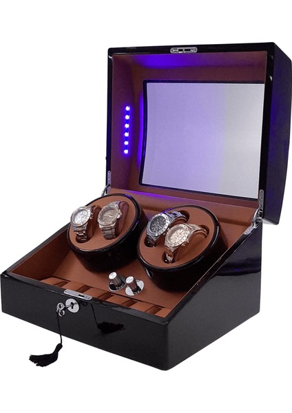 Otomatik Saat Kurma Kutusu (Winder) Piano Brown 4+6 Kahve Içi Taba LED Işık Sistemli