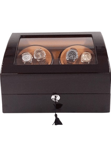 Otomatik Saat Kurma Kutusu (Winder) Piano Brown 4+6 Kahve Içi Taba LED Işık Sistemli