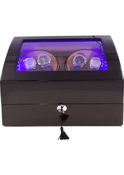 Otomatik Saat Kurma Kutusu (Winder) Piano Brown 4+6 Kahve Içi Taba LED Işık Sistemli