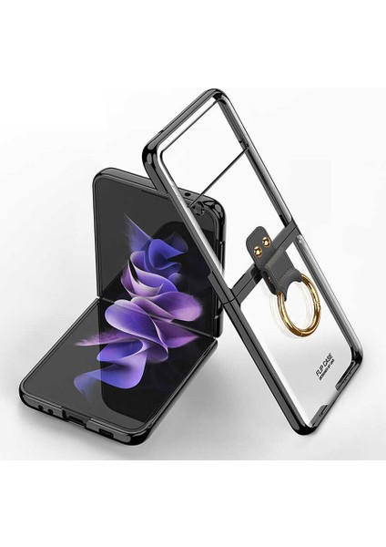 Galaxy Z Flip 3 Kılıf Yüzüklü Standlı Katlanabilen Metal Görünümlü Wonderful Kılıf Koyu Siyah
