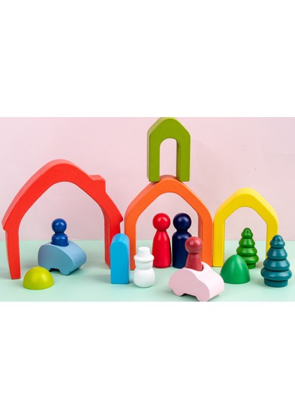Newest Baby Wood Rainbow House Tree Dolls Mini Stacker Blocks Toys Rainbow Bars Block Small Size Creactive Toy Table Games Gift|stacking Blocks(Rainbow Colors)