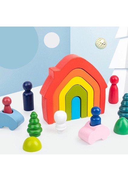 Newest Baby Wood Rainbow House Tree Dolls Mini Stacker Blocks Toys Rainbow Bars Block Small Size Creactive Toy Table Games Gift|stacking Blocks(Rainbow Colors)