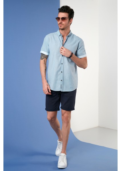 Pamuklu Slim Fit Düğmeli Yaka Kısa Kollu Gömlek Erkek GÖMLEK CF21S112546