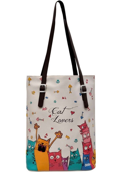 Kadın Vegan Deri Krem Omuz Çantası - Cat Lovers Tasarım