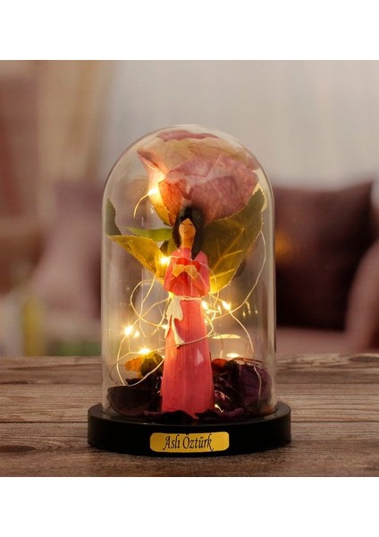 Kişiye Özel Gül Altında Canım Annem Tasarımlı Işıklı Fanus (Pembe)