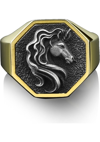 Unicorn Geometrik Altın Cilalı Gümüş Yüzük