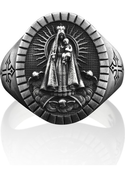 Virgin Mary ve Isa Bebek Dini Oval Gümüş Yüzük