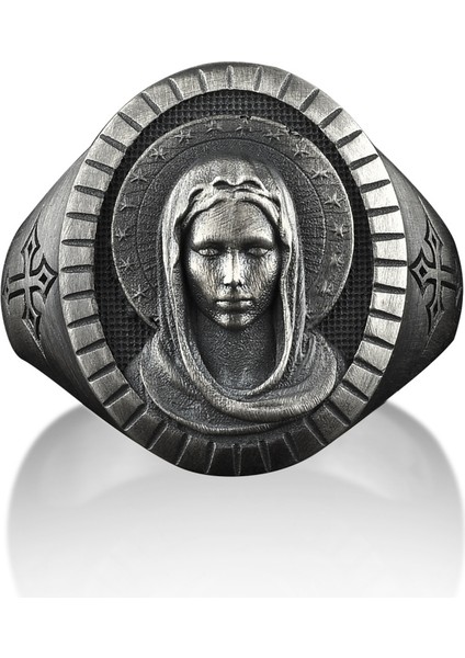 Virgin Mary Portre Dini Oval Gümüş Yüzük