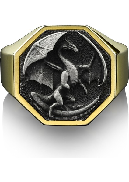 Vahşi Aslan Geometrik Altın Cilalı Gümüş Yüzük