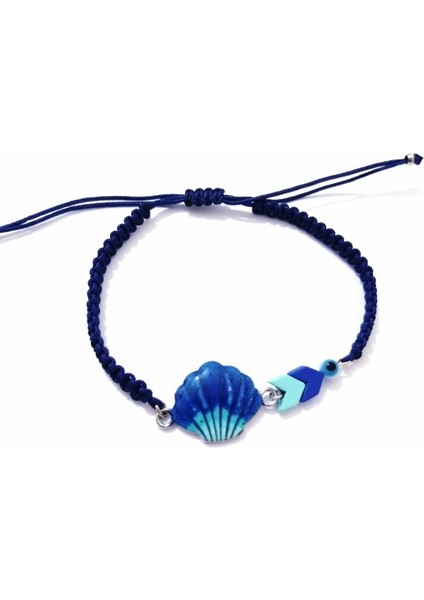 Mat Saks Mavisi ve Turkuaz Rengi Hematit Taşlı Nazar Boncuklu Midye Kabuğu Görünümlü Bileklik