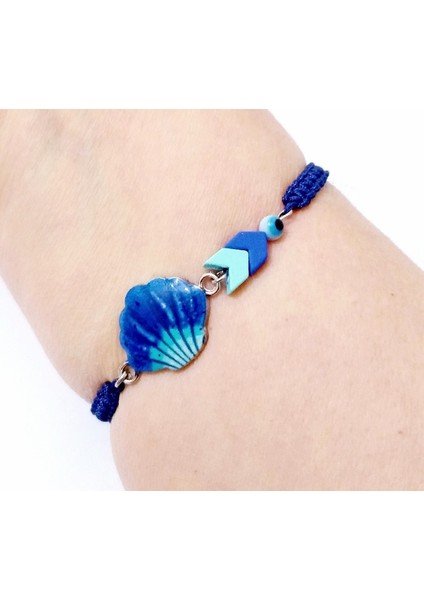 Mat Saks Mavisi ve Turkuaz Rengi Hematit Taşlı Nazar Boncuklu Midye Kabuğu Görünümlü Bileklik fiyatları