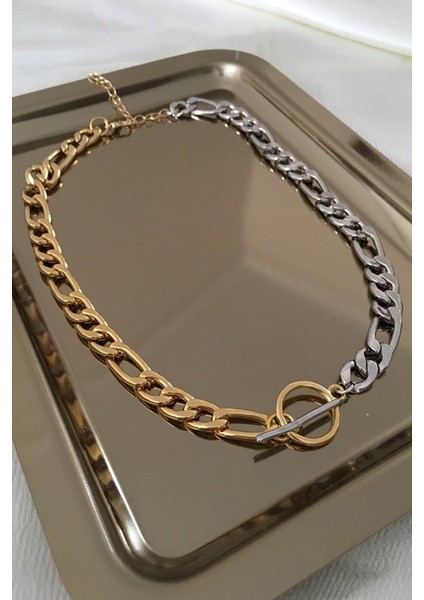 24K Altın Kaplama Gold Gümüş Iki Renk Zincir Kolye (39 Cm)