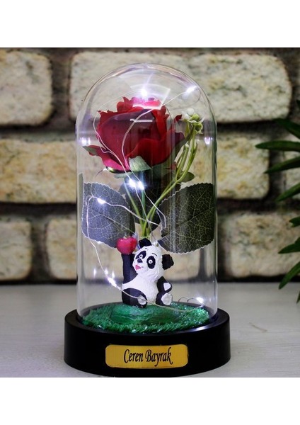 Kişiye Özel Gül Altında Kalp Tutan Panda Tasarımlı Işıklı Fanus (Kırmızı)