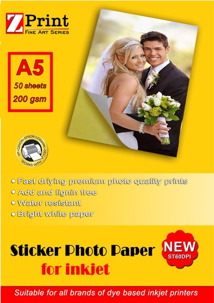Canon Yazıcılar Için Yapışkanlı Sticker Fotoğraf Kağıdı A5 50 Yaprak 200 Gram