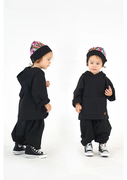 Catz Kids - Siyah Penye Samuray Şalvar + Siyah Penye Kapüşonlu Sweat + Etnik Desen Bere